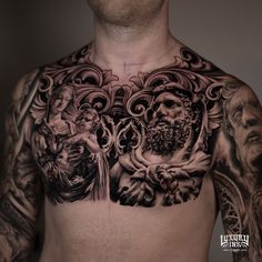 a man with many tattoos on his chest