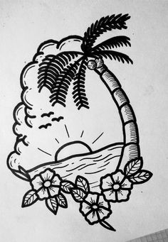 a drawing of an ice cream sundae with a palm tree on the top and flowers around it