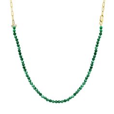 A fashionable 4 layers Emerald Necklaces Each sold Separately. From Top to Bottom: Malachite and 14k Yellow Gold Links with Diamond circle. $450.00 Emerald Center with Diamond Bezel $2,340.00 Malachite Butterfly Necklace $990.00 Paper Clip Chain in 14k Yellow Gold with Carabiner Diamond Clip and a Hanging Diamond and Emerald Cat Head with 0.45ct. Round Diamond. $1,850.00 Elegant Green Beaded Chain Necklace, Elegant Green Round Chain Necklace, Elegant Emerald Necklace With Beaded Chain, Luxury Green Faceted Necklaces, Luxury Faceted Green Necklace, Luxury Green Faceted Necklace, Malachite Butterfly, Emerald Necklaces, Malachite Necklace