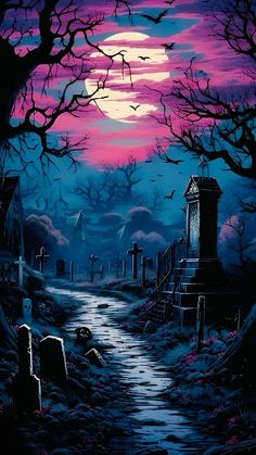 a painting of a creepy graveyard at night