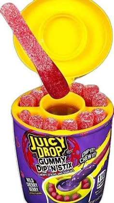 jelly drop candy in a yellow container