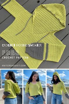 the crochet hoodie sweater pattern is shown in three different colors and sizes