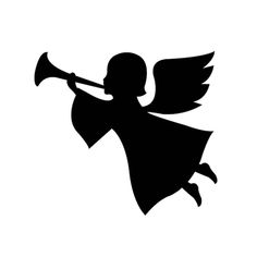 an angel with a trumpet in its hand silhouetted on a white background, black and white