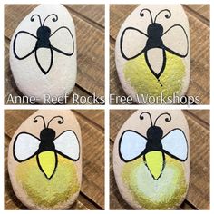 four pictures of painted rocks with bees on them