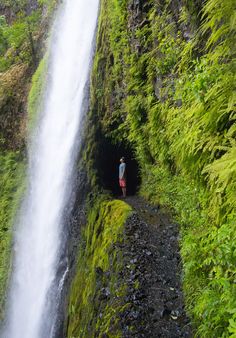 a person standing in front of a waterfall