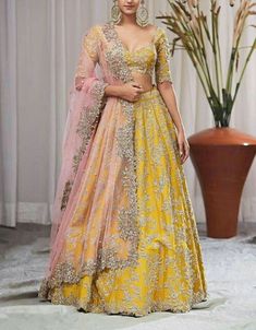 Embroidery Lehenga, Baju Kahwin, Indian Wedding Lehenga, Sequence Embroidery, Indian Outfits Lehenga, Half Sarees, Yellow Lehenga, Nikkah Dress, Wedding Lehenga Designs