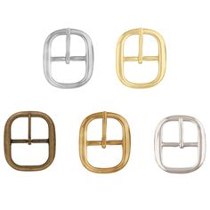 four different types of buckles in various colors and sizes, each with a square shape