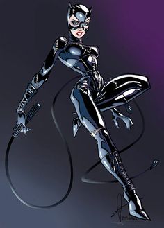 a drawing of a catwoman in black and white with her hands on her hips