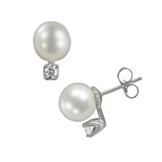 These beautiful diamond and AAA Akoya cultured pearl stud earrings lend a stylish finishing touch to any ensemble. Comes in a gift box.Earring Details: Length: 11.2 mm Backings: post Metal: rhodium-plated 18k white goldDiamond Details: Total weight: 1/5 ct. Cut: round Color: G-H Clarity: VS2 Setting: prongCultured Pearl Details: Type: Akoya Shape: round Size: 8-8.5 mm Color: whiteImage(s) may be enlarged to show detail.Diamond weights are approximate. Diamond total weights may vary between .01 a Formal Diamond Pearl Earrings With Brilliant Cut, Formal Brilliant Cut Diamond Pearl Earrings, Akoya Pearl Diamond Earrings With Diamond Accents For Evening, Classic White Gold Diamond Earrings With Akoya Pearls, Luxury Round Cut Pearl Earrings With Diamond Accents, Anniversary Pearl Bridal Earrings With Diamond Accents, Luxury Pearl Earrings With Diamond Accents, Round Cut, Classic White Pearl Earrings With Diamond Accents, Elegant Bridal Earrings With Diamond Accents And Round Cut