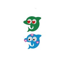 two blue and green animals with hearts on their eyes