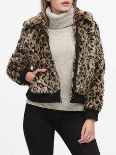 Banana Republic Petite Leopard Faux Fur Bomber Jacket Short Faux Fur Coat, Faux Fur Sweater, Fur Sweater, Chic Coat, Navy Blue Jacket, Leather Outerwear, Leopard Print Jacket, Petite Jacket, Faux Fur Jacket