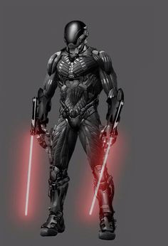 a character with two lightsabes standing in front of a dark background, holding two swords