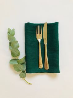 a fork and knife sitting on top of a green napkin next to a leafy plant