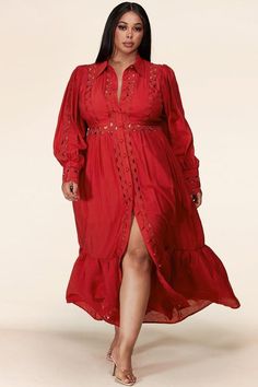 This whimsical red maxi dress features bishop sleeves, a collar with a button-down closure on the center front, Ric-rack trim on the cuffs and throughout the dress. Zipper closures on the cuffs Elastic waist Gathered skirt with a flounce hem Horsehair netting underneath skirt Partially lined Unit weight, 1.50 lbs Fabric: 77% Rayon, 23% Nylon Lining: 100% Polyester Classy Maxi Dress, Fire And Desire, Whimsical Dress, Red Maxi Dress, Red Dress Outfit, Red Maxi, Red Dress Maxi, Plus Size Maxi, Evening Outfits