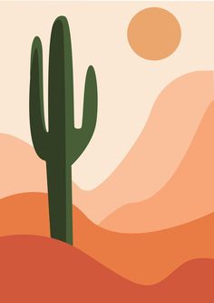 a desert scene with a cactus in the foreground and an orange sky behind it