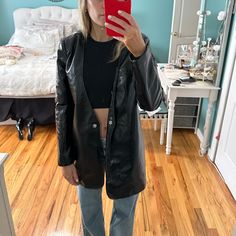 Never Worn. Black Trench Coat. Super Cute Black Leather Trench Coat, Black Trench Coat, Coats Black, Leather Trench, Trench Coat Black, Leather Trench Coat, Leather Jackets, Trench Coat, Black Leather