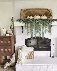 a living room with a fire place and some plants on the mantel above it