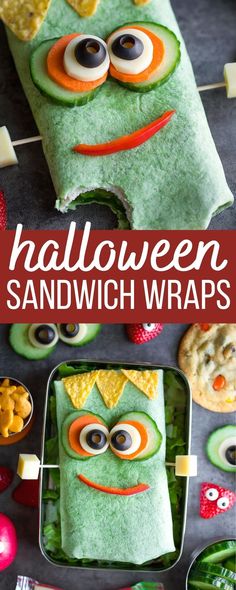 halloween sandwich wraps decorated like Frankenstein's monster Halloween Inspired Lunch For Kids, Spider Sandwiches Kids, Halloween Wraps Food, Halloween Food For Dinner, Halloween Recipes Lunch, Healthy Halloween Food Dinner, Frankenstein Food Ideas, Fall Lunch Box Ideas