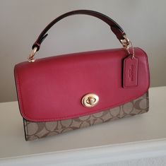 This Beautiful Coach Handbag Is Authentic Red And Brown. Coach Burgundy Bag With Top Carry Handle, Coach Flap Bag For Everyday Use, Red Crossbody Flap Bag With Top Handle, Coach On-the-go Flap Bag, Coach Flap Bag For On-the-go, Coach Burgundy Bag With Detachable Handle, Coach Bags With Detachable Handle And Flap Shape, Red Coach Bag For On-the-go, Burgundy Coach Bag With Detachable Handle