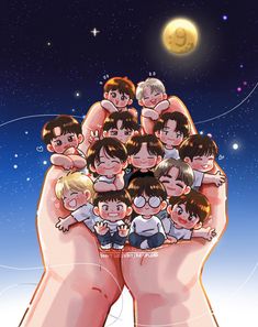 a group of people holding each other in their hands with the moon and stars above them