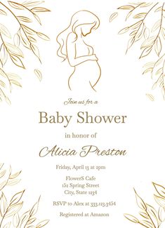 a baby shower is shown in gold foil on a white background with leaves and branches