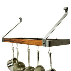 a rack with pots and pans hanging from it