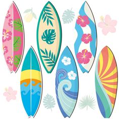 six surfboards with tropical designs on them are lined up against a white background,