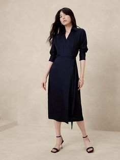 Silky Twill Wrap Midi Dress | Banana Republic Factory Work Wrap Dress, The 100 Clothes, Banana Republic Outfits, Banana Republic Women Dress, Midi Sweater Dress, Outfits Curvy, 2024 Outfits, Essential Dress, Wrap Midi Dress