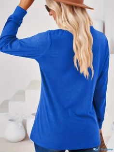 Orcajump - Plus Size Casual T-shirt, Women's Plus Solid Long Sleeve Button Decor Notched Neck Medium Stretch T-shirt Blue Solid Color Crew Neck Top, Stretch Crew Neck Shirt In Solid Color, Blue Relaxed Fit Solid Color Top, Blue Relaxed Fit Solid Top, Blue Solid Color Relaxed Fit Tops, Blue Long Sleeve Solid Color T-shirt, Blue Solid Color Top For Loungewear, Plain Blue Tops For Loungewear, Blue Loungewear Tops