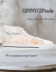 Welcome to design. We like to introduce you  about our wonderful  Pink Floral Rose print Canvas Sneakers. Available for you exclusively. Made with our love to design and art. You can add a personalization.   Made with breathable polyester canvas and featuring hi-poly deodorant memory foam insoles, these women's high top sneakers bear all the marks of an awesome shoe. Choose between black or white sole and laces, and enjoy the silver metal eyelets along with the lace-up closure. Add your designs and bring a bespoke staple to life.  .: Breathable polyester canvas with PU leather decoration .: EVA deodorant memory foam insoles .: Full wraparound print (left side, right side, tongue) .: Durable rubber outsole .: Black or white decoration Bridemaids Shoes, Brides Maid Shoes, Flower Sneakers, Sneakers Wedding, Shoes Matching, Wedding Sneakers, Floral Sneakers, Shoes Custom, Leather Decor