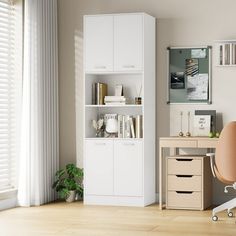 an office with a desk, chair and bookcase in it's corner next to a window