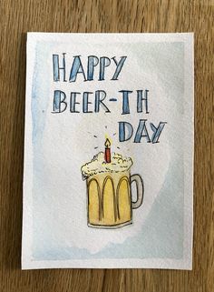 a birthday card with a beer mug and candle on it that says happy beer - th day