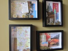 three black framed pictures are hanging on the wall next to each other, with maps and pins pinned to them