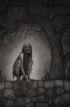 a black and white drawing of a monster sitting on a rock wall in front of a tree