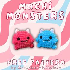 two small crocheted monsters sitting next to each other on a pink and blue background