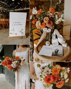 a collage of photos showing the details of a bride's dress and bouquet