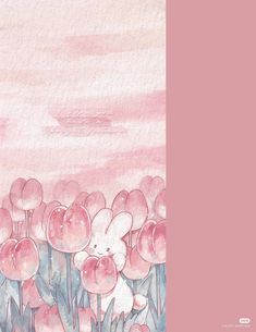 watercolor painting of pink flowers with an animal in the middle and sky behind it