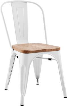 a white chair with wooden seat and back