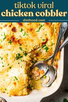 a casserole dish with chicken and cheese in it, topped with parsley