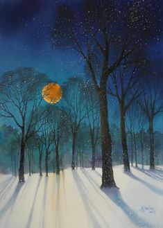 a painting of trees and snow at night