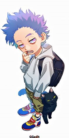 an anime character with blue hair standing next to a black cat