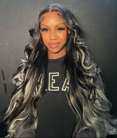 Black And Silver Highlights Hair, Body Wave With Highlights, Wig With Sparkle Highlights, Silver Hair Highlights Black Women, Oreo Highlight Wig, Black With Blonde Highlights Wig, Black Wigs With Highlights, Skunk Stripe Wig Middle Part, Wig With Glitter Strands