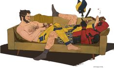 a man laying on top of a couch next to another man in red and yellow