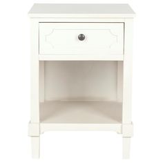 a white nightstand with two drawers on one side and an open drawer on the other