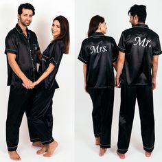 "Mr and Mrs Custom Satin Pajamas for Couple, Personalized Pjs, Groom and Bride Pjs , Mr and Mrs Pajamas, Honeymoon gift, Anniversary gift S+L Our pajamas are customized with Vinyl. The letters are so pretty and detailed. It is perfect to put first/last name or wedding role . Whether you want to buy it as gift, keep it for yourself and wear it as an everyday or even wear it for a honeymoon trip , this unique customized pajamas is sure to work for any occasion.  ⭐Style of pajamas: Short Sleeve + Pants ⭐Colors: Women: white, black, pink, purple, champagne, green, red, navy blue Men: white, black, red, green, champagne, silver, turquoise ⭐Sizes:  Women: S, M, L, XL, 2XL, 3XL, 4XL, 5XL Men: M, L, XL, 2XL ⭐Leave your detailed custom information in the seller remarks column during checkout! ❤️All Black Short Sleeve Sleepover Set, Bride Pjs, Couples Pajamas, Purple Champagne, Green Champagne, Honeymoon Trip, Pajamas Short, Groom And Bride, Honeymoon Gift