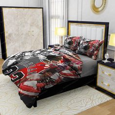 a bed room with a neatly made bed and two night stands