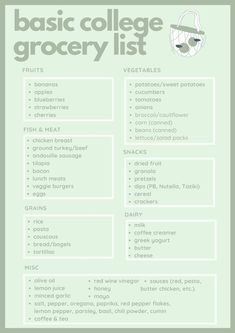 the basic college grocery list is shown in green and white, with text that reads basic college