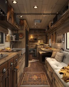 a kitchen and living room inside of a motorhome with wood flooring on the walls