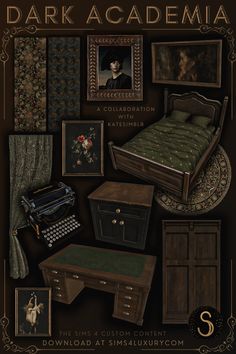 the dark bedroom is filled with antique furniture