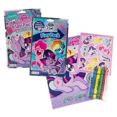 three coloring books with markers and pencils